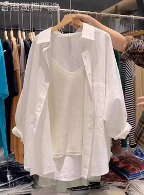香港TIMO白衬衫女中长款上衣轻熟法式小众秋季宽松慵懒风外套衬衣