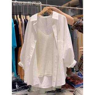 香港TIMO白衬衫女中长款上衣轻熟法式小众秋季宽松慵懒风外套衬衣
