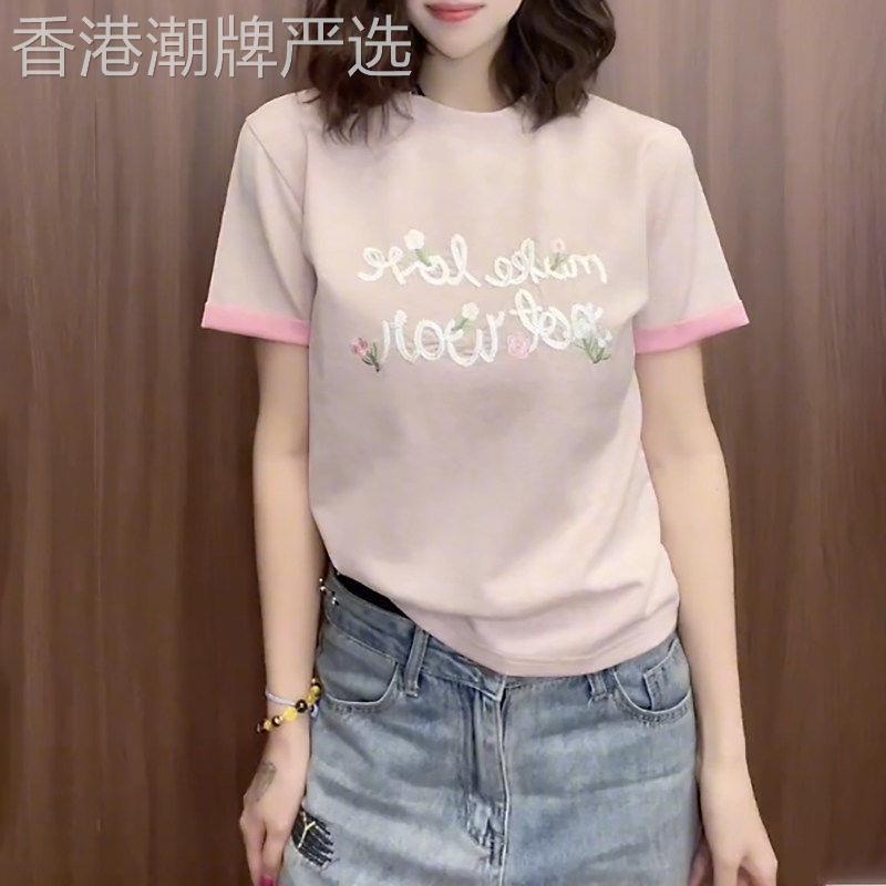韩国设计感正肩双色短袖t恤夏季新款爆款大码胖mm独特超好看上衣