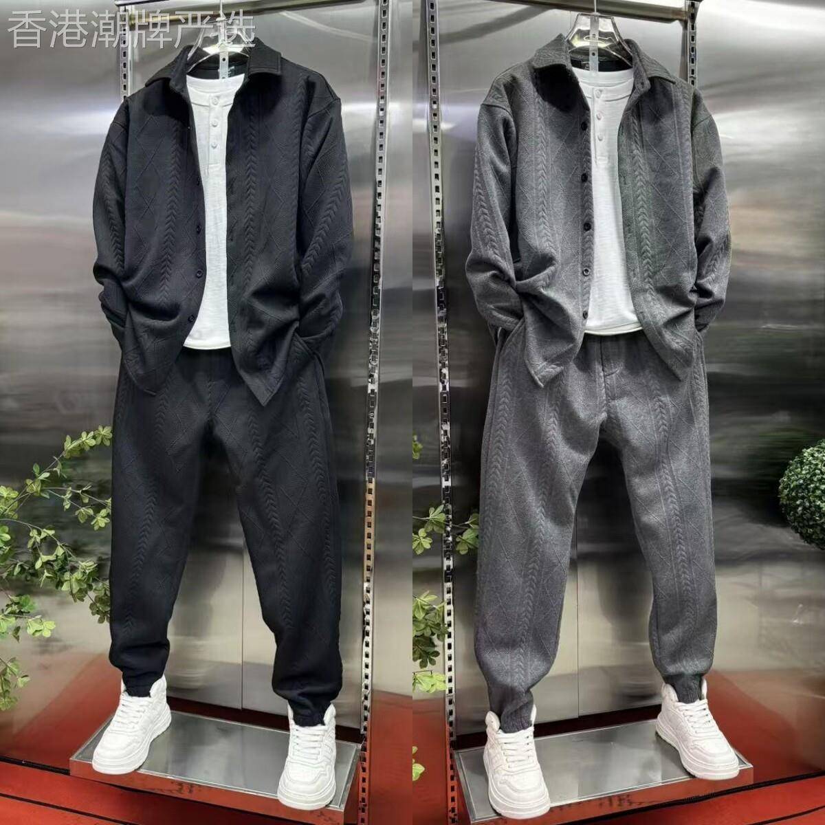 休闲套装男士春秋夏季潮牌痞帅宽松衬衫外套搭配束脚裤两件套穿搭