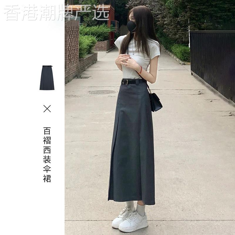 灰色百褶西装半身裙子女春季2025新款高腰显瘦百搭a字中长款伞裙