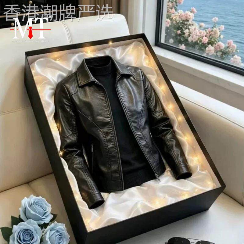 高端美式皮衣夹克外套男士2026新款秋冬季短款光面翻领上衣男款潮