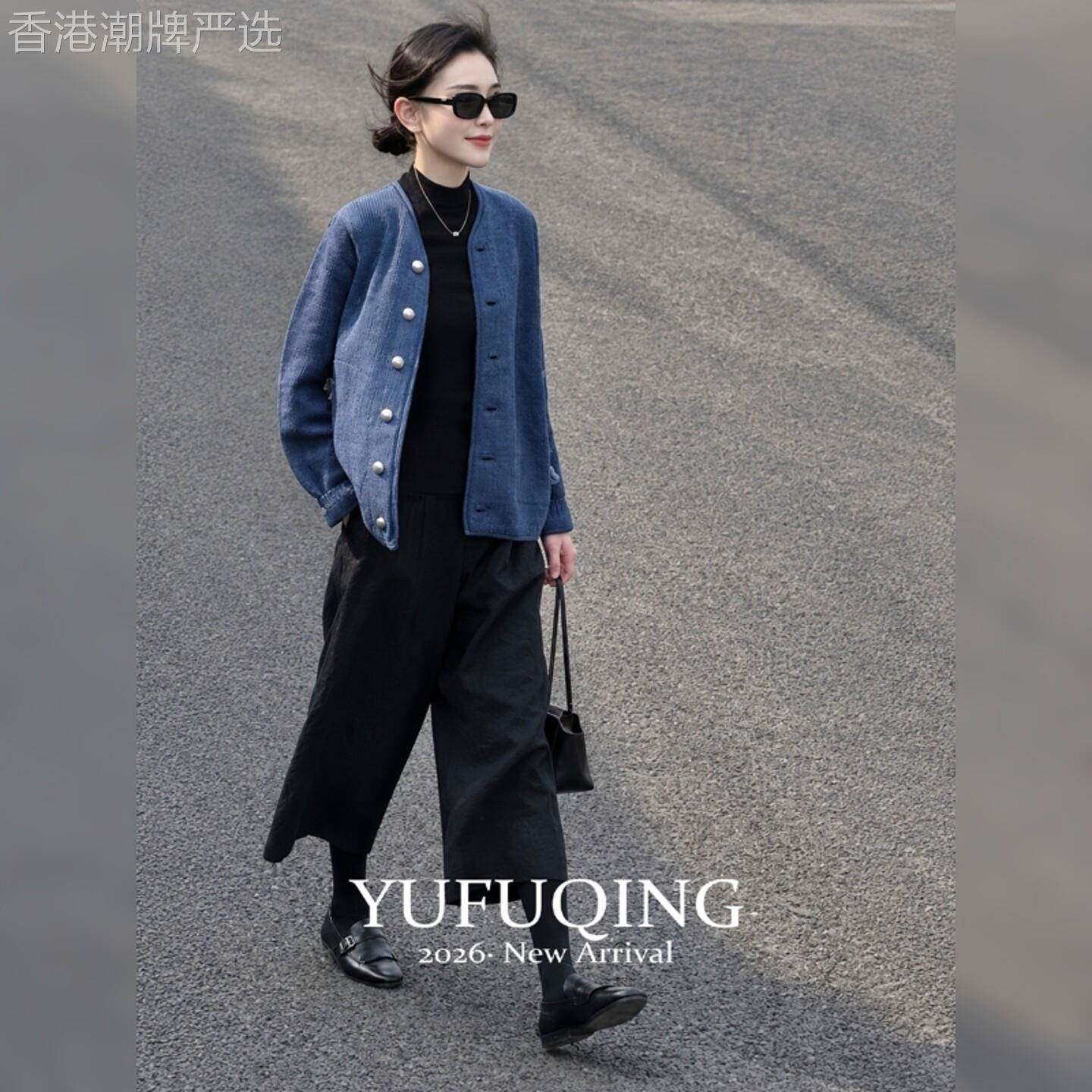 女士外套2026新款秋季蓝色短款单排扣宽松高端小资百搭高智感穿搭