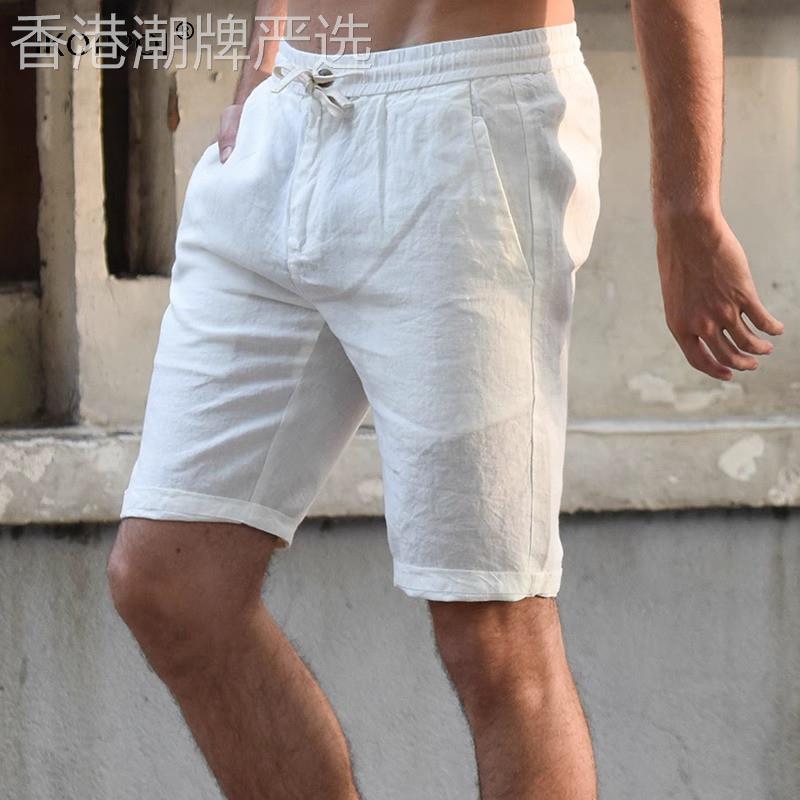 高端夏季亚麻料五分裤男士休闲修身松紧沙滩裤短裤薄款纯色棉麻裤