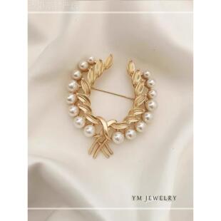 日本代购BM珍珠麦穗小香风胸针女覆古饰品百搭西装毛衣外套别针