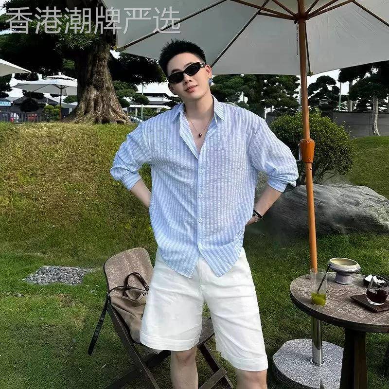 潮牌高端松弛感蓝色条纹衬衫男2026夏季休闲衬衣外穿开衫防晒外套