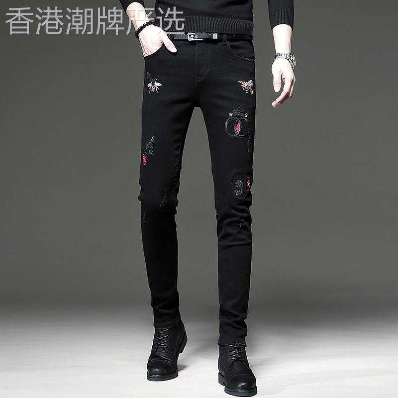 黑色牛仔裤男直筒修身高级感韩版潮流时尚刺绣印花弹力小脚长裤子
