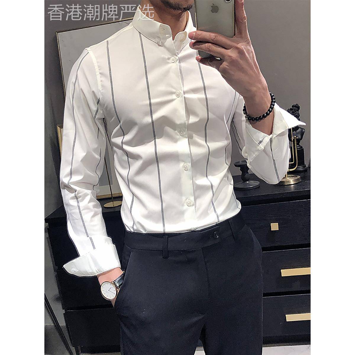 条纹衬衫男长袖修身商务正装韩版潮流帅气高端男士白色衬衣休闲潮