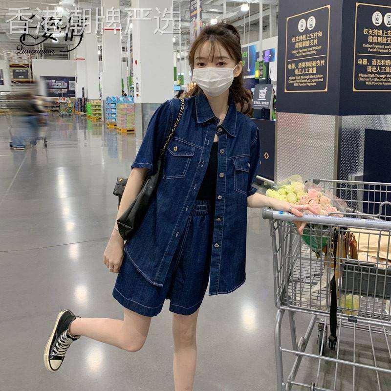 牛仔休闲套装女夏季薄款2026复古宽松短袖衬衫外套阔腿短裤两件套