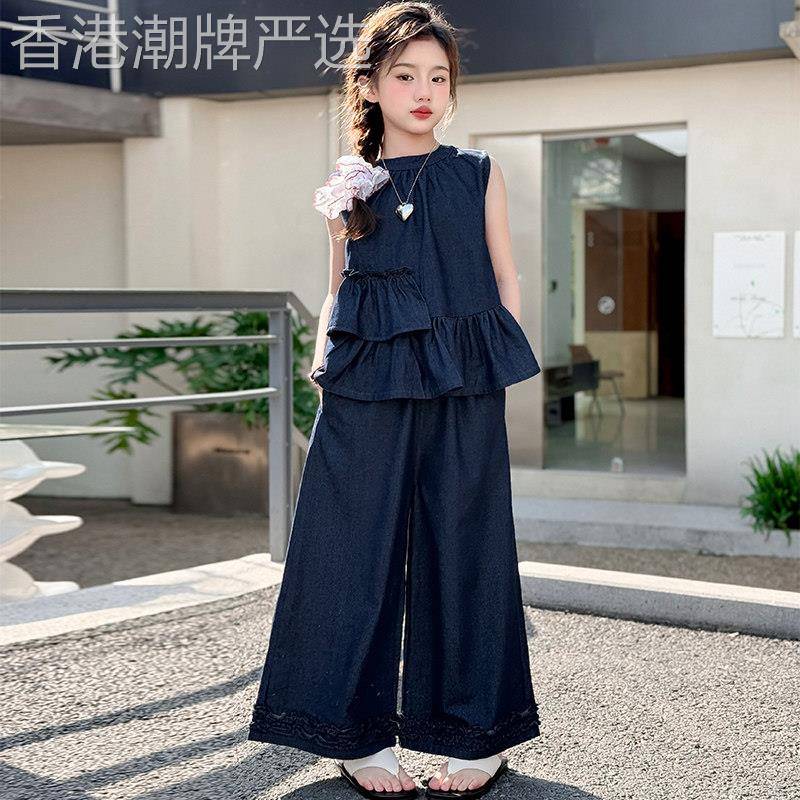 韩国Uamtor夏天女童套装独特荷叶边背心大童阔腿裤韩系牛仔两件套