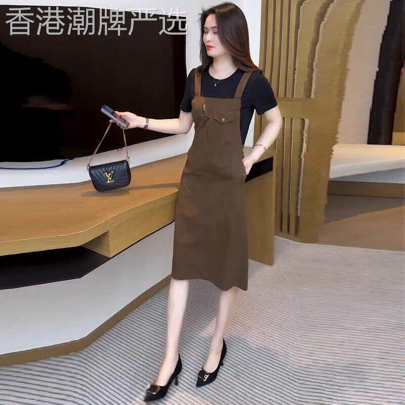 假两件牛仔抱婴袋裤女夏季薄款2025新款洋派减龄中长版短袖洋装子
