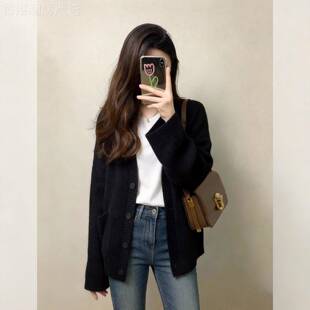 早春女装2026新款黑色针织开衫女款高级感中长款巨好看的毛衣外套
