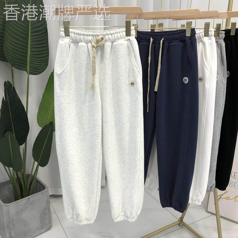 韩国春秋新款白灰色休闲卫裤女宽松直筒小个子加绒运动束脚老爹裤