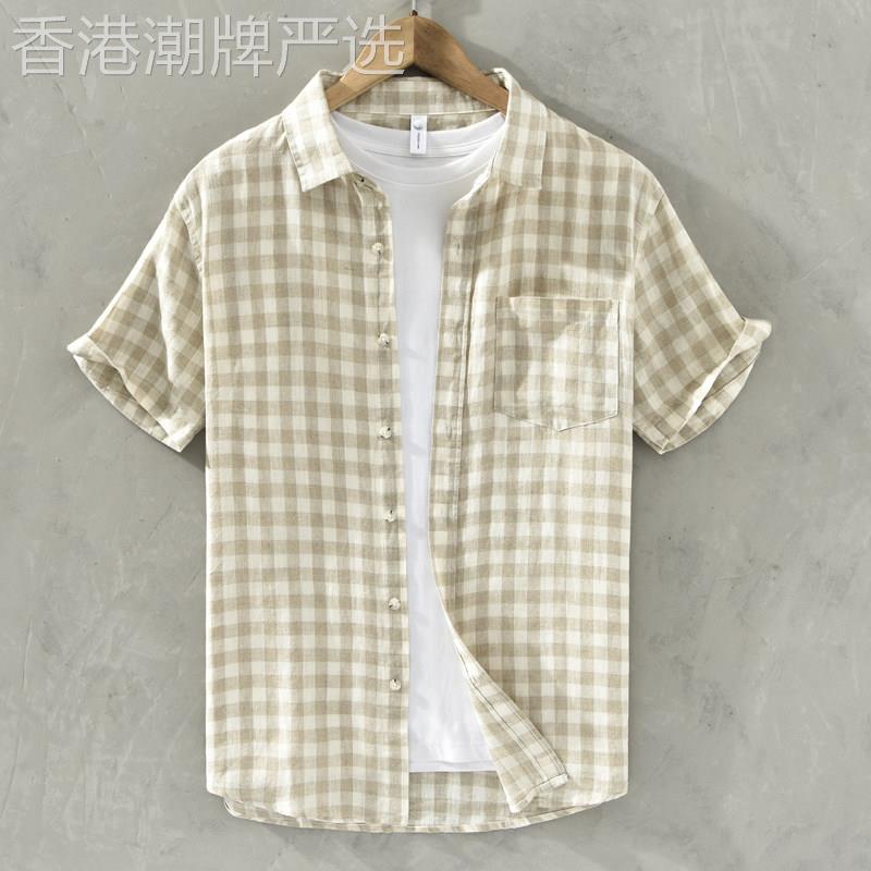 香港夏季男格子亚麻料短袖文艺休闲薄款全麻衬衫复古纯麻布衬衫潮