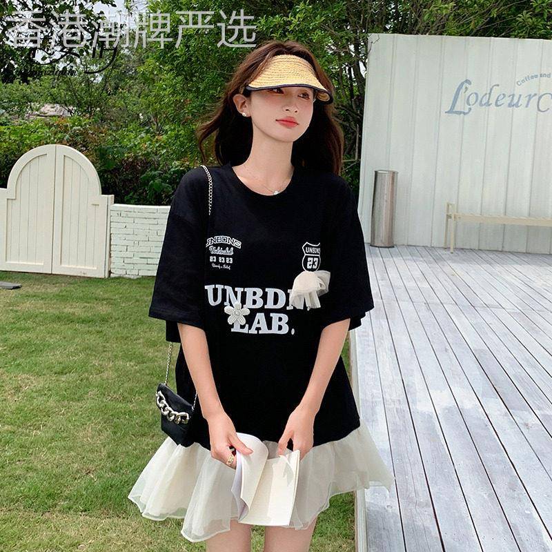 黑色设计感T恤洋装女夏季2026新款小个子时尚宽松显瘦拼接裙子