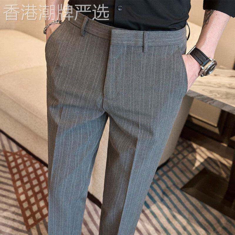 欧洲站春秋款男士韩版条纹修身西裤大码九分裤显瘦长裤发型师裤子