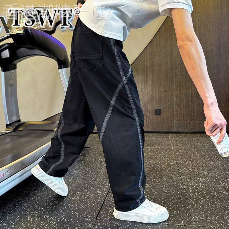 高端黑色撞色休闲裤男款夏季薄款2026新款痞帅纯棉阔腿直筒运动裤图片