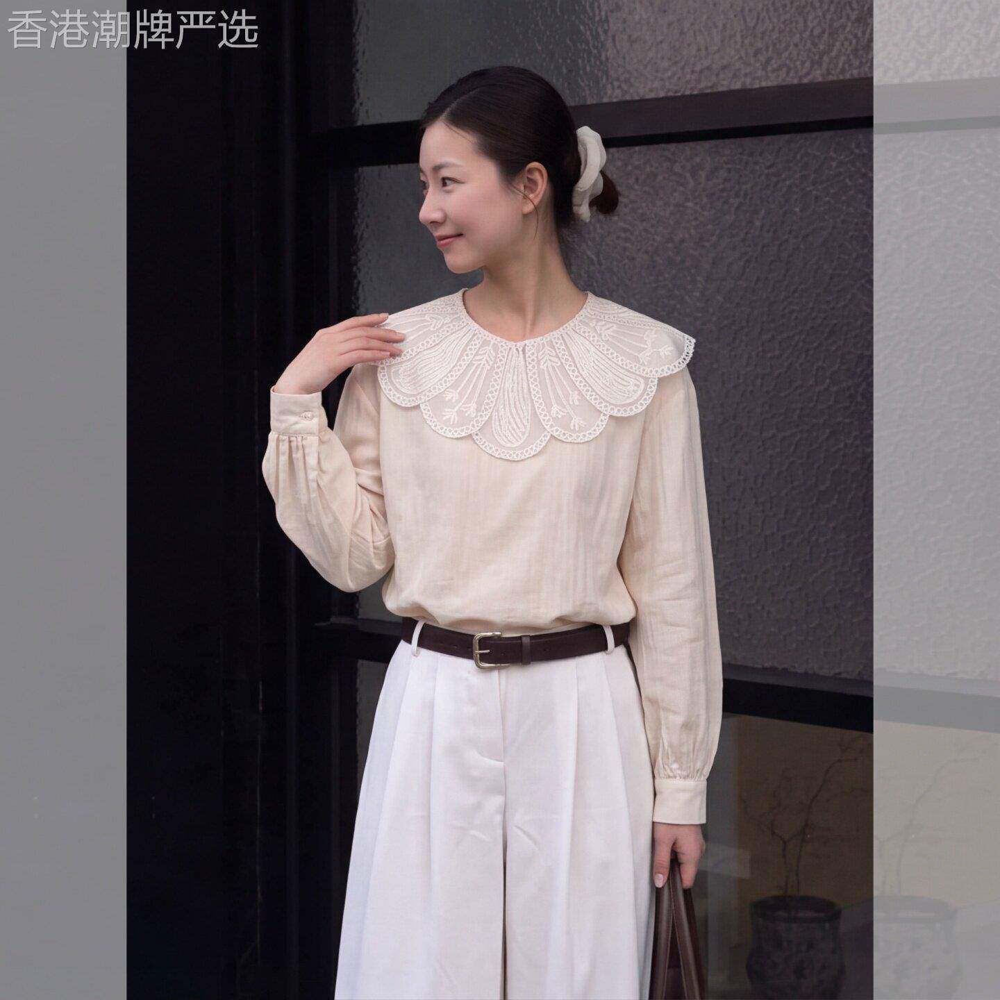 2026新款秋季法式甜美风白色蕾丝娃娃领衬衫女法式泡泡袖镂空上衣