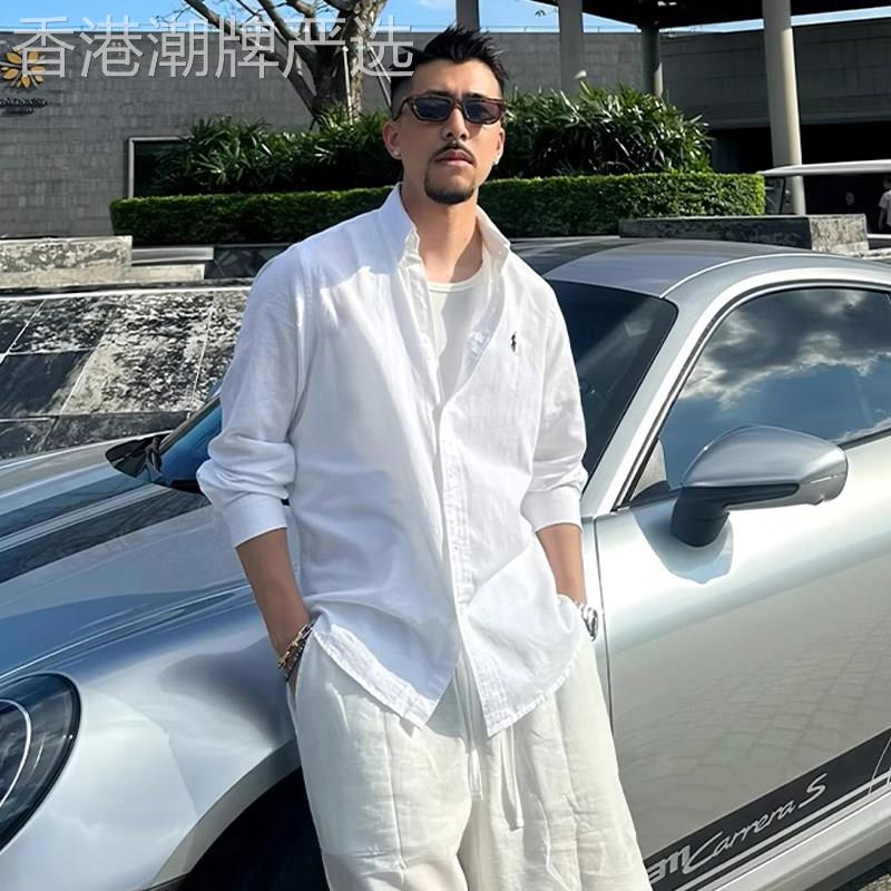 潮牌高端刺绣亚麻防晒衬衫男夏季2026新款美式慵懒风休闲衬衣外套
