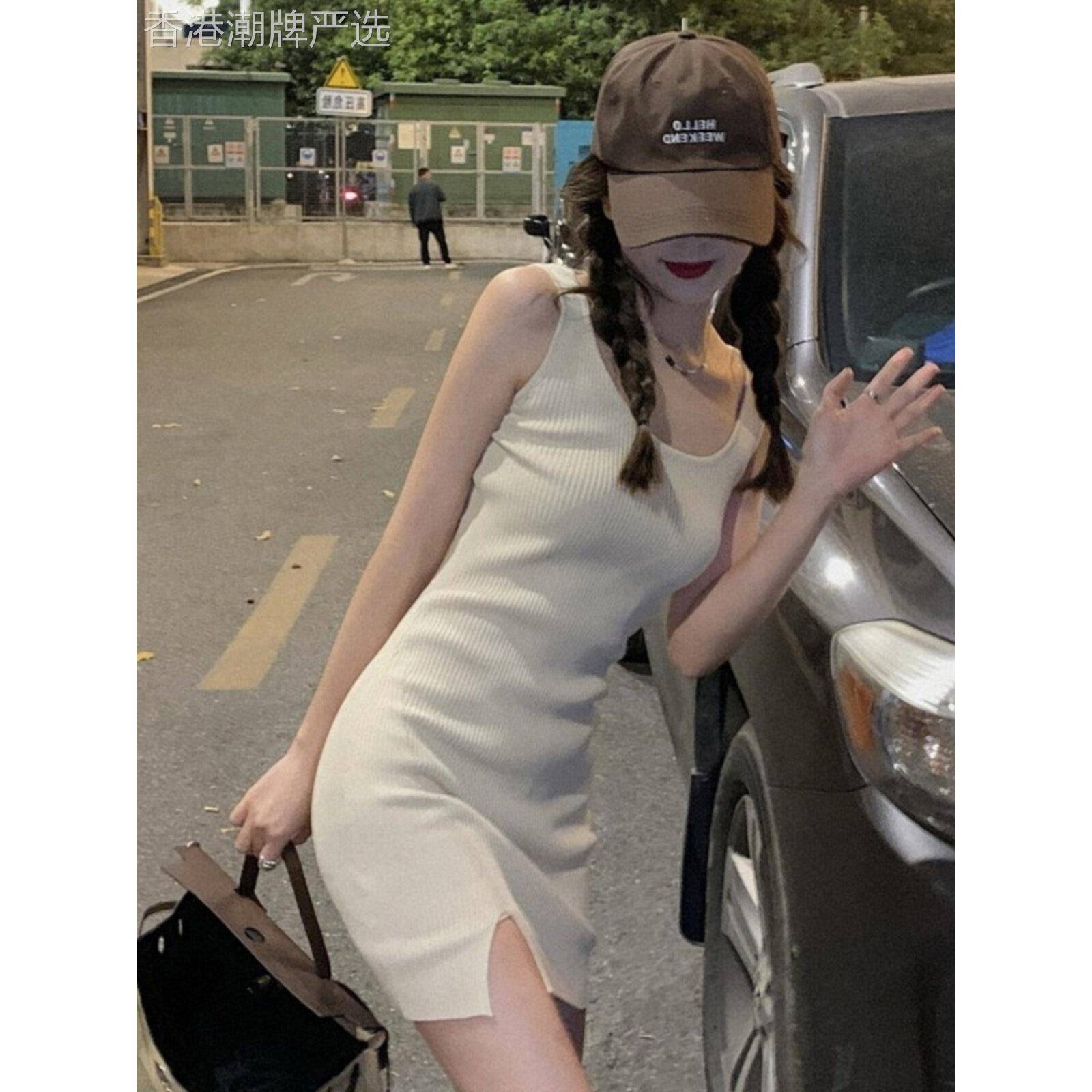 吊带连衣裙女春秋欧货高级针织打底裙收腰小个子内搭开叉包臀短裙