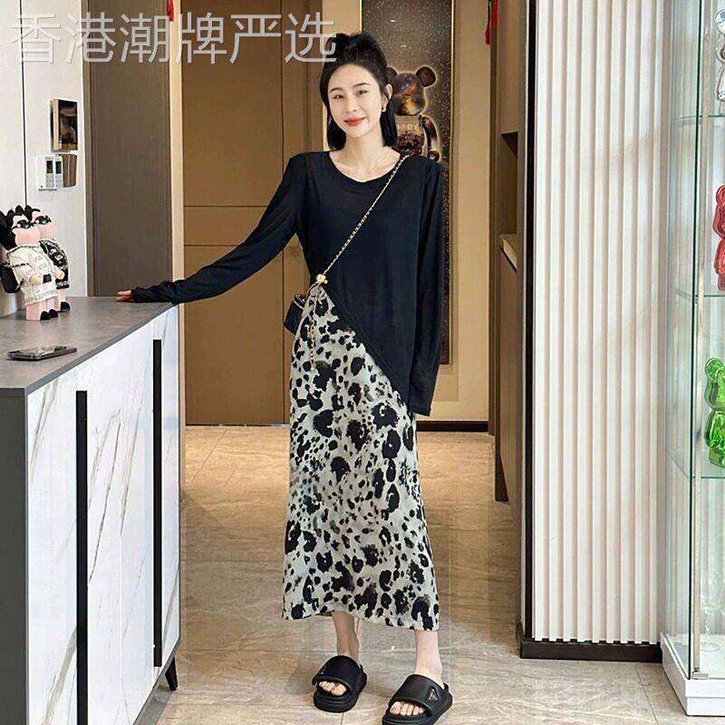 洋派时尚防晒长袖T恤豹纹半身包臀裙两件式套装女2025夏季新款冰