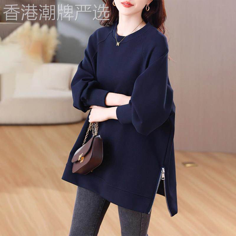 潮牌圆领长袖卫衣女春秋宽松加肥加大码设计感小众开叉中长款上衣