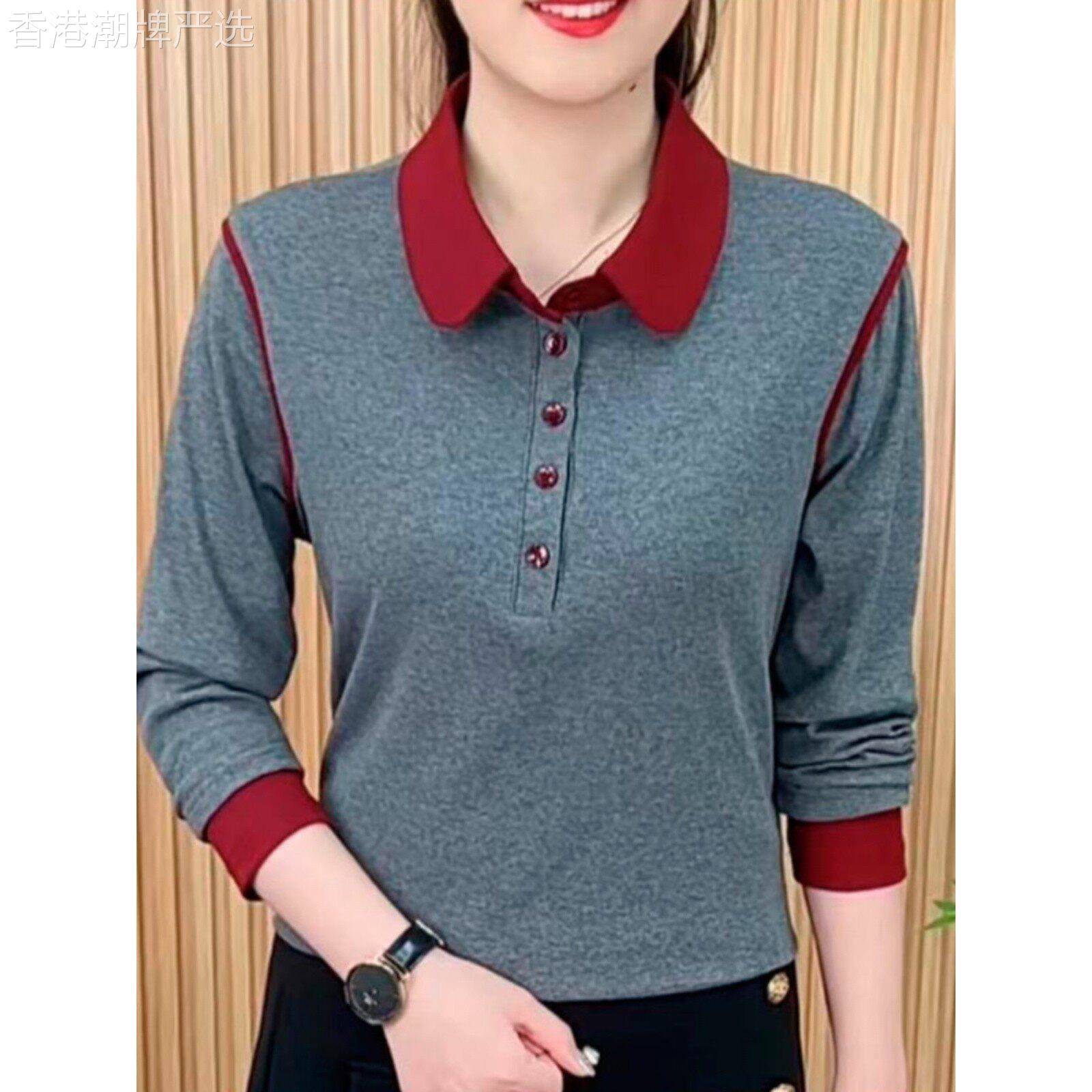 韩国秋季妈妈装减龄长袖衬衫上衣2025新款宽松翻领大尺码T恤女装