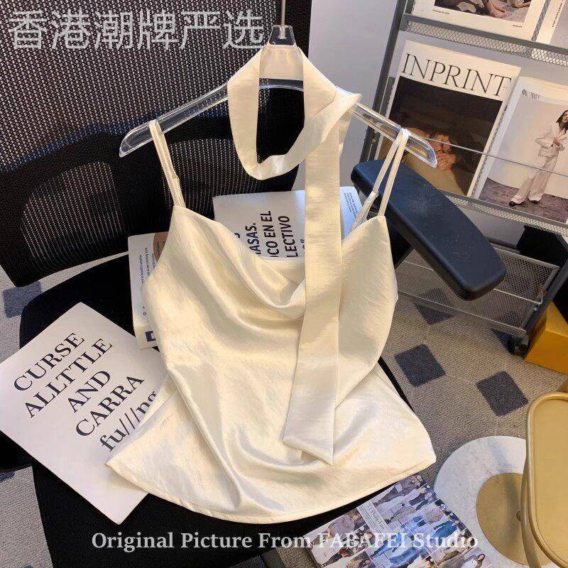 韩国垂折领飘带挂颈背心女夏季纯欲辣妹露背吊带外穿无袖缎面小上
