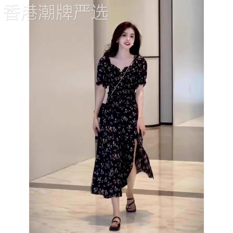 欧洲站夏季女装2026新款法式赫本风方领气质泡泡袖黑色碎花洋装
