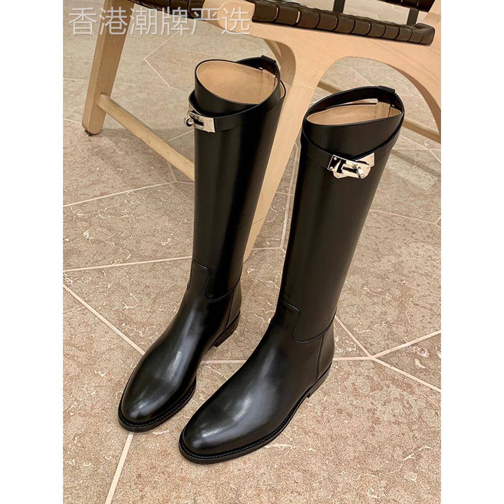 香港不过膝长靴女秋冬2025新款真皮长筒靴英伦风皮扣高筒靴骑士靴