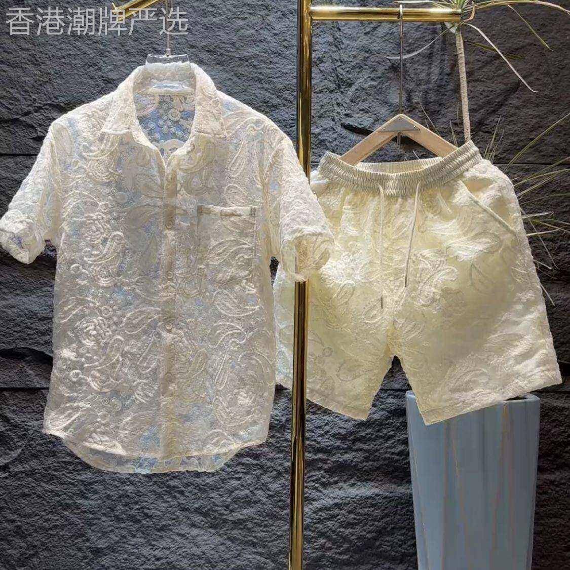 衬衫套装男2026新款夏季薄款镂空透气翻领短袖短裤男装穿搭一整套