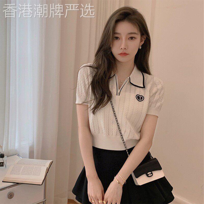 法式温柔风刺绣爱心针织短袖女夏季polo领减龄冰丝收腰拉炼短上衣