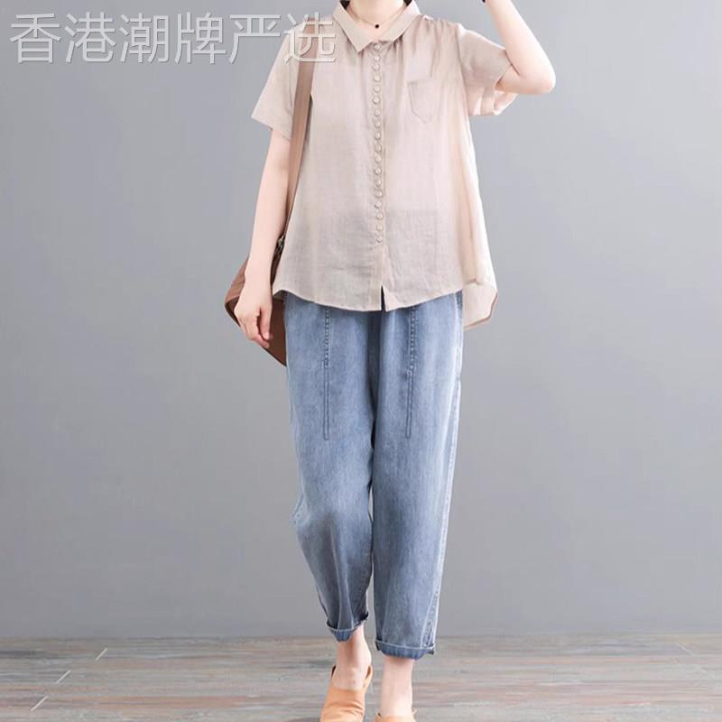 潮牌大码休闲棉麻套装女2026夏妈妈洋气减龄亚麻衬衫牛仔裤两件套