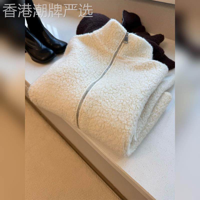法式小个子短款白色立领加厚羊羔毛外套女秋冬季小香风摇粒绒上衣
