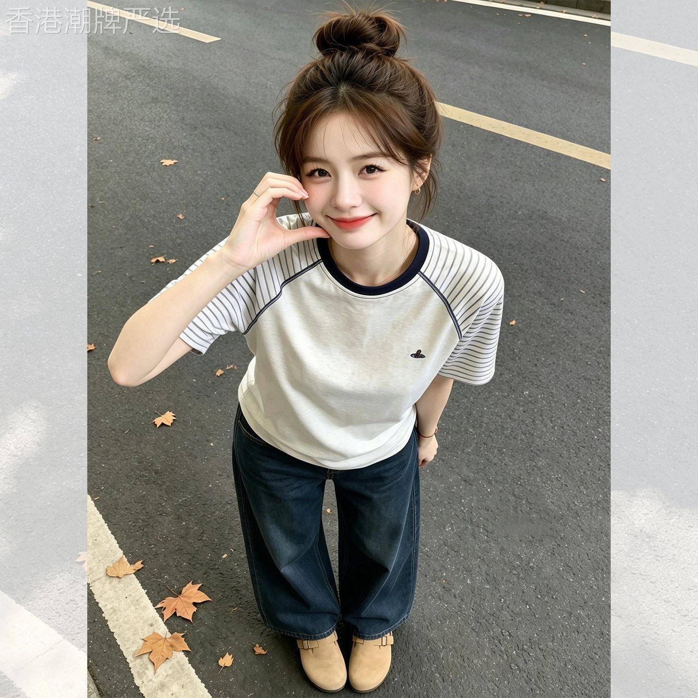 条纹圆领插肩短袖T恤女2026夏季新款韩系慵懒松弛感出游百搭上衣