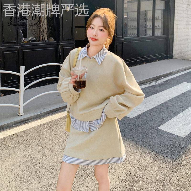韩系风格穿搭一整套女2026春季设计感衬衫拼接厚T恤短裙休闲两件