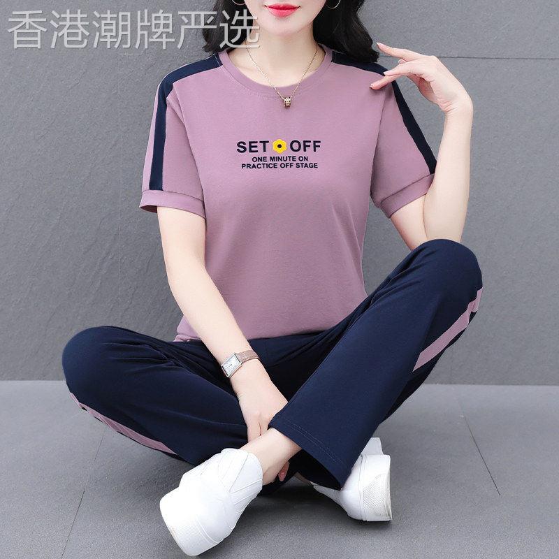 运动套装女士夏季薄款2026新款圆领短袖长裤中年妈妈休闲两件式女