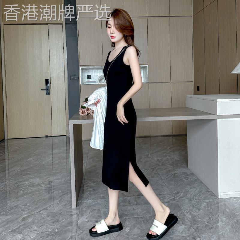 黑色吊带连衣裙女夏季2025新款无袖长裙打底背心裙内搭开叉小黑裙
