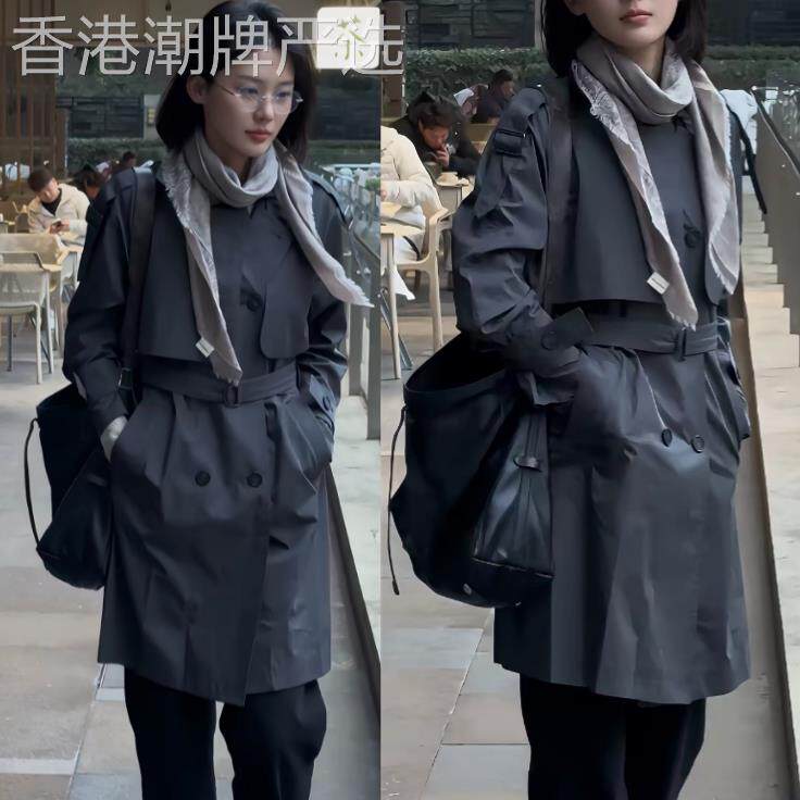 香港it代购韩国秋冬高级感宽松中长款收腰灰色西装风衣外套大衣女