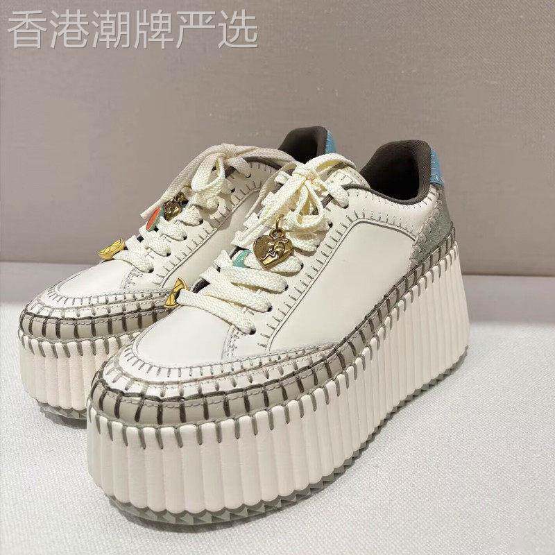 代购陈绮贞同款厚底增高8cm休闲饼干鞋女真皮松糕鞋运动小白鞋女