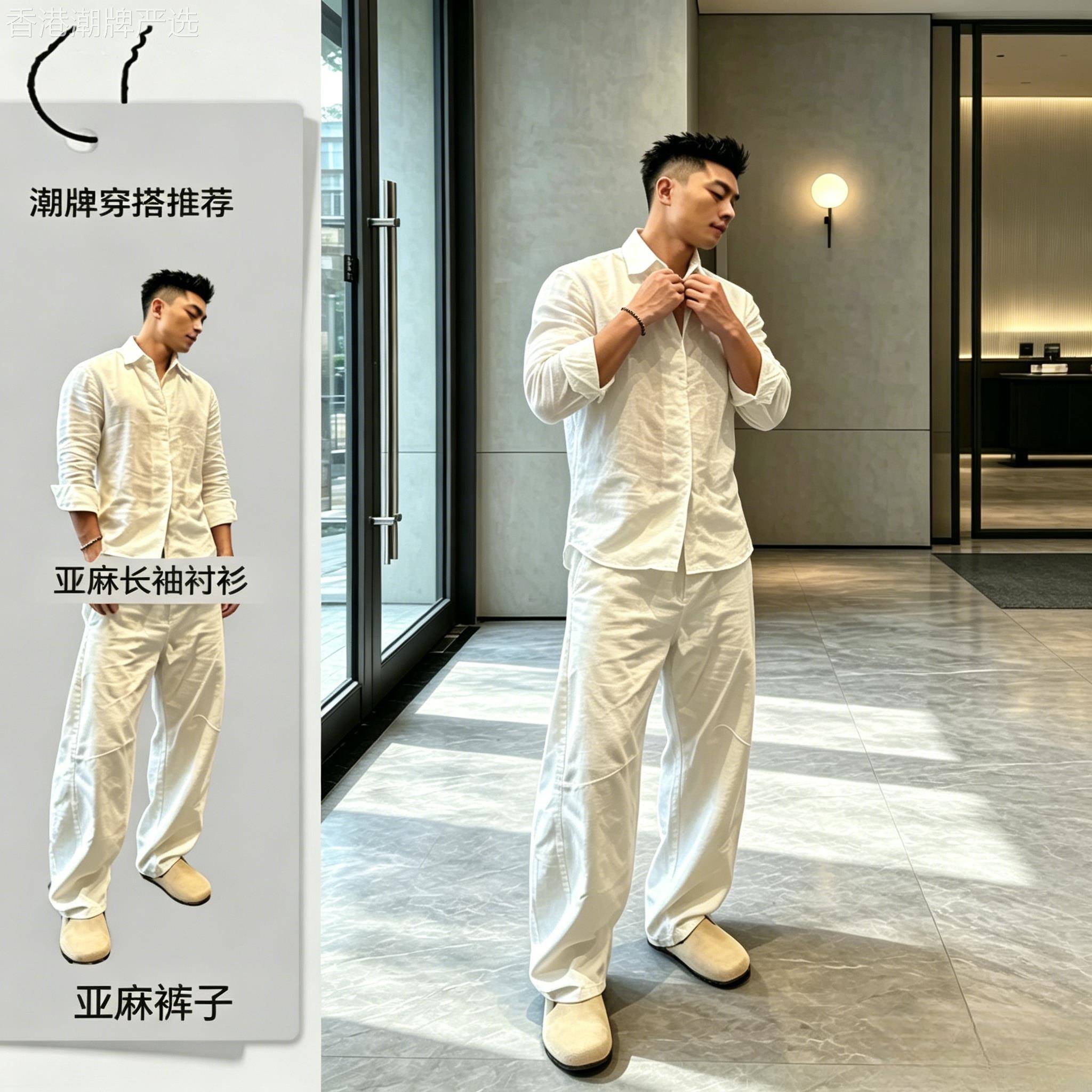 轻奢度假风衬衫长裤两件套男士春夏老钱风宽松弯刀裤户外出行套装