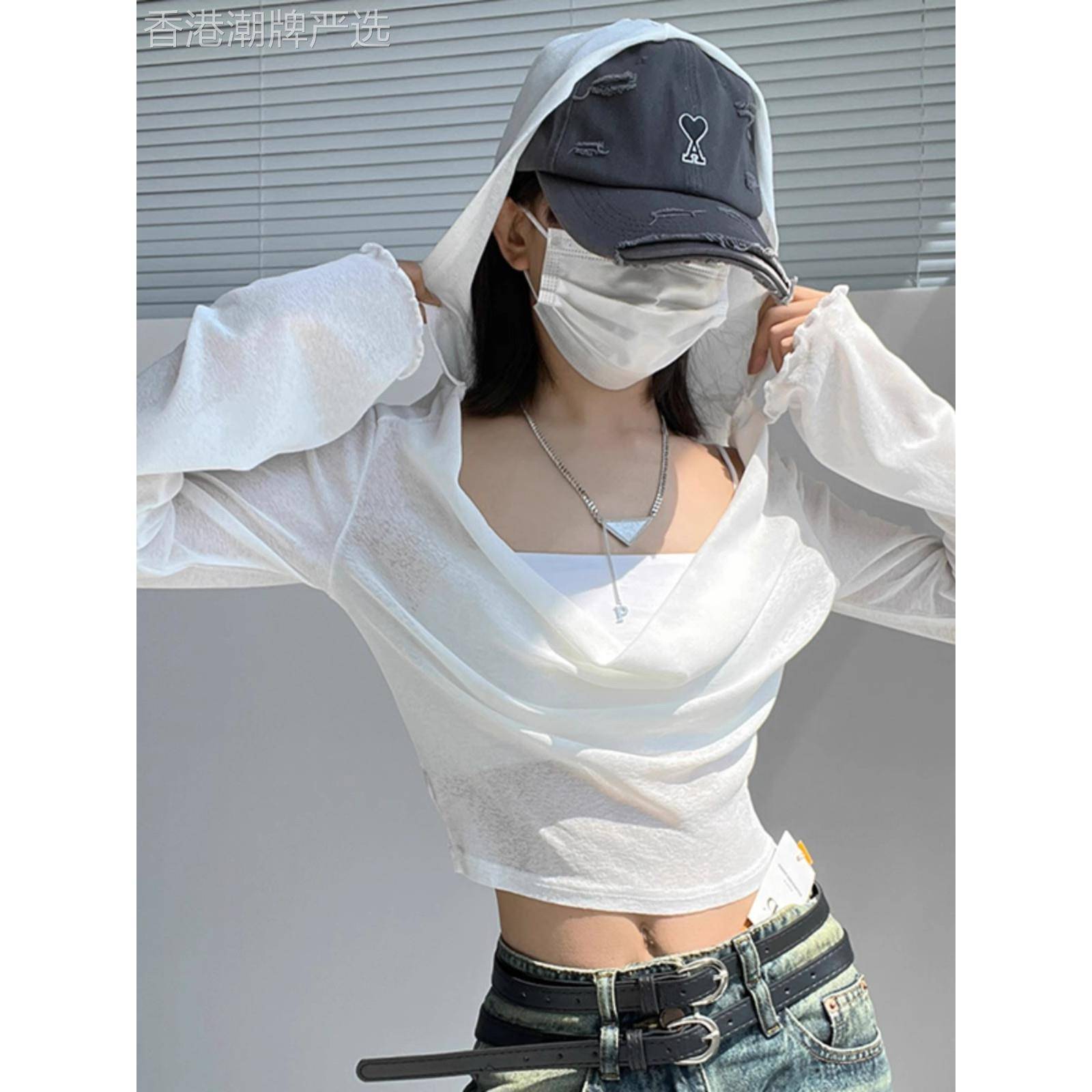 薄款露脐长袖连帽t恤女夏季欧洲站性感百搭短款防晒休闲上衣外套
