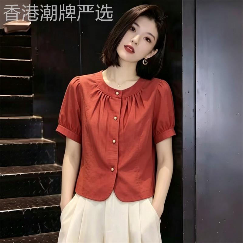 时尚简约短袖衬衫女2026夏季新款洋派减龄显瘦宽松泡泡袖衬衫上衣
