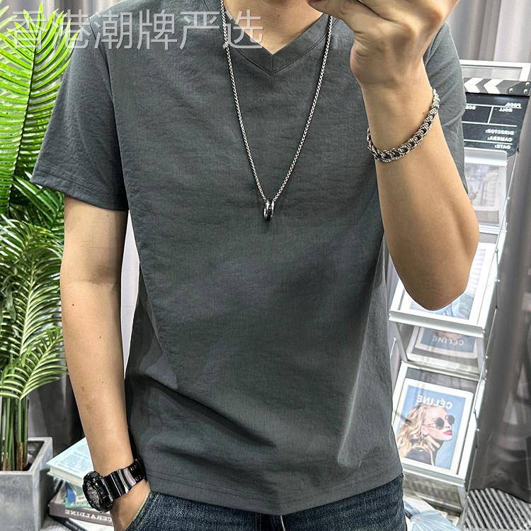 棉麻V领短袖t恤男青年修身薄款凉感麻料半袖纯色体恤衫潮流半截袖