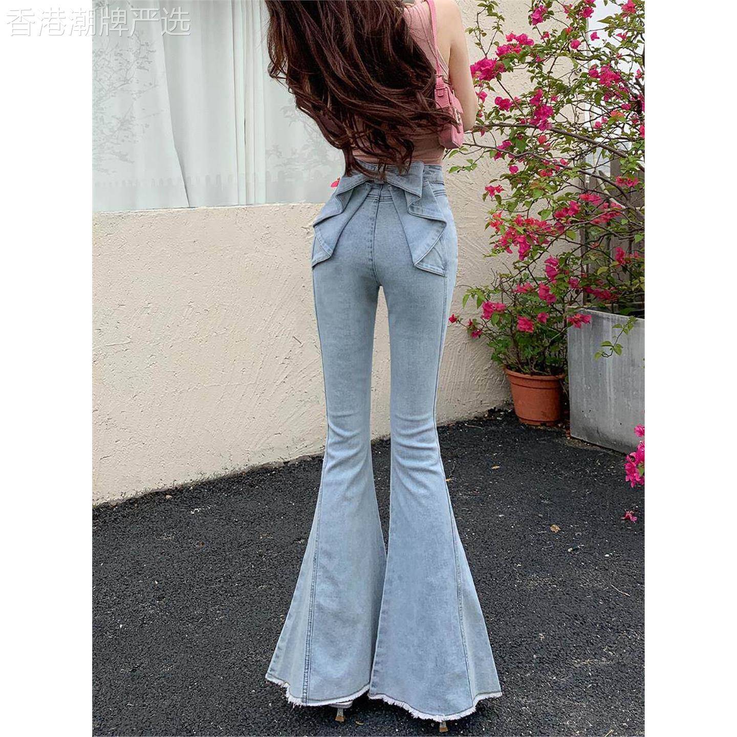 简珀浅蓝色立体蝴蝶结牛仔裤女春季新款高腰显瘦弹力马蹄喇叭裤子