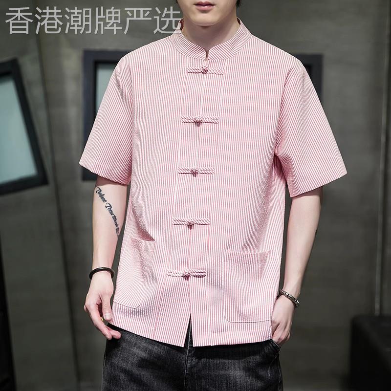 夏季盘扣亚麻衬衫男短袖唐装潮流大尺码棉麻条纹五分袖衬衫中国风