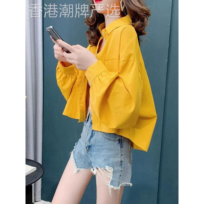黄色polo领长袖衬衫女春秋欧货宽松短款衬衣外套防晒服开衫上衣