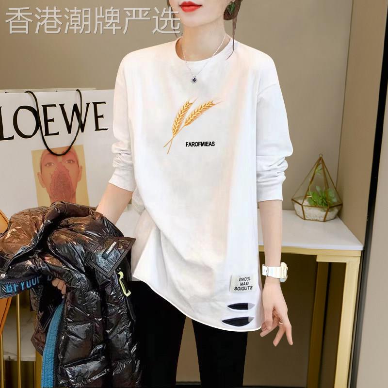 中长版白色纯棉长袖t恤女2025夏季新款宽松破洞搭配鲨鱼裤的上衣
