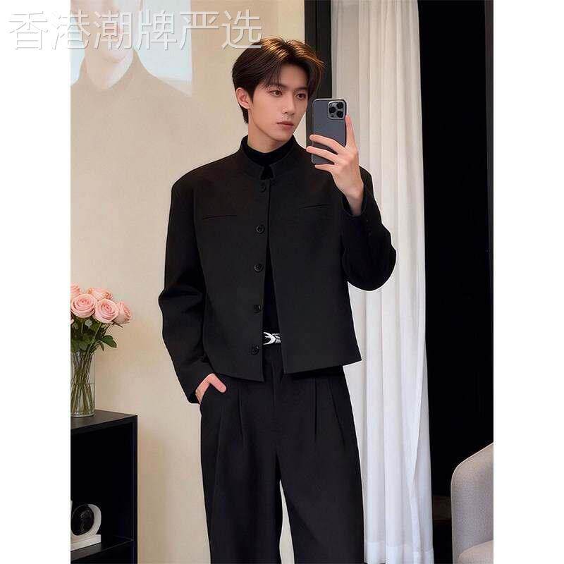 新中式西装外套男款春秋季潮牌痞帅高级感休闲西服小众短款中山装