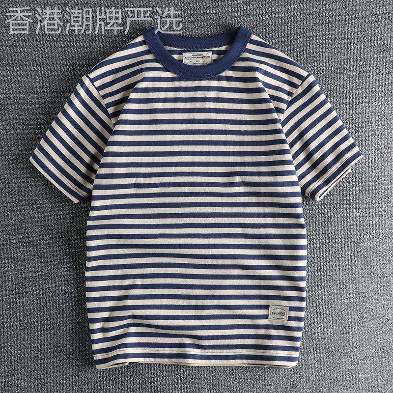 代购阿美咔叽复古海魂衫短袖T恤男 夏季美式潮流高克重条纹半袖衫